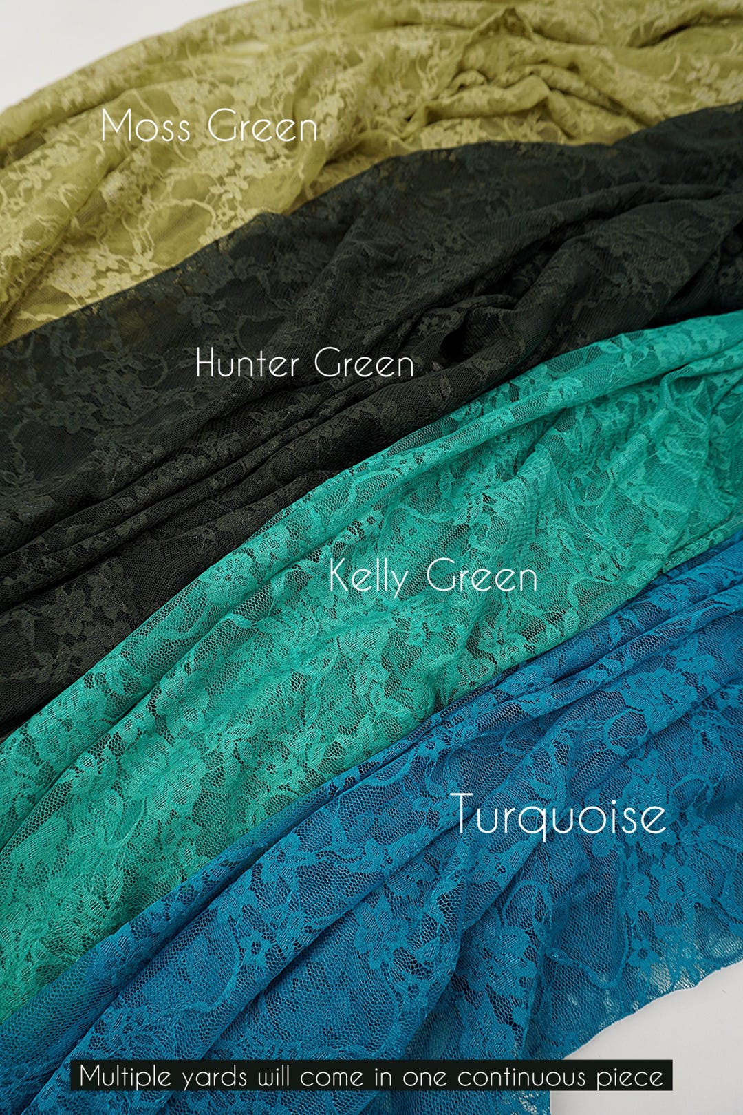 Green lace fabric color chart showing moss green hunter green kelly green and turquoise