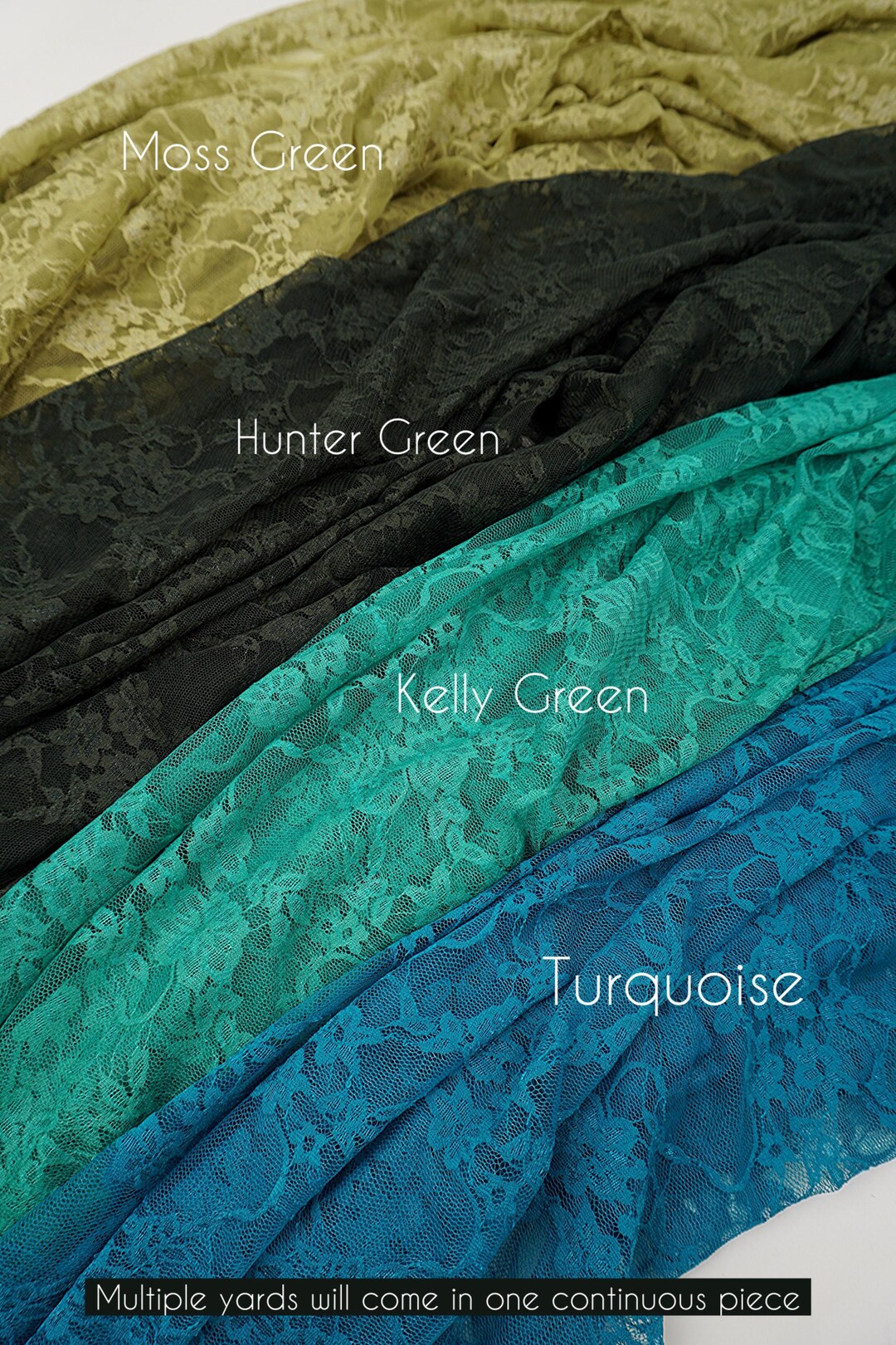Green lace fabric color chart showing moss green hunter green kelly green and turquoise