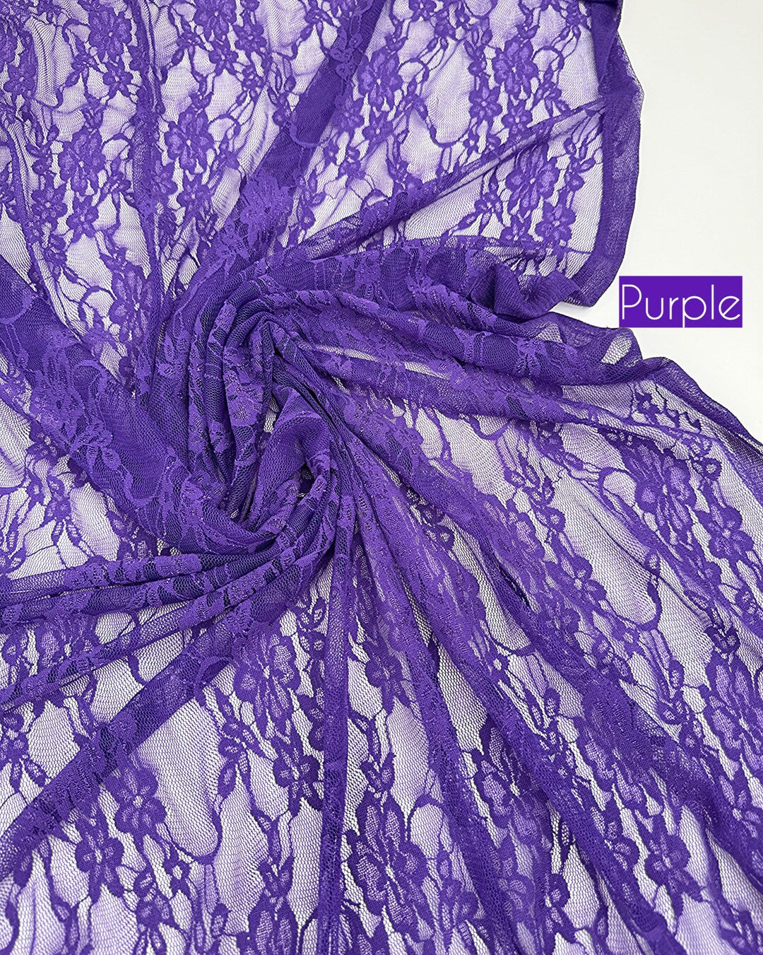 Deep eggplant purple floral stretch lace with color label, 4-way stretch nylon spandex