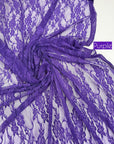 Deep eggplant purple floral stretch lace with color label, 4-way stretch nylon spandex