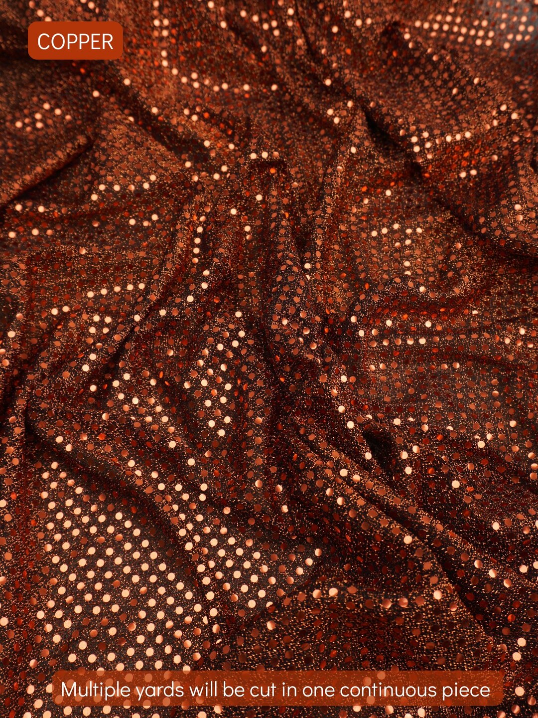 Copper 3mm confetti dot sequin fabric draped, metallic mesh sparkle fabric by the yard