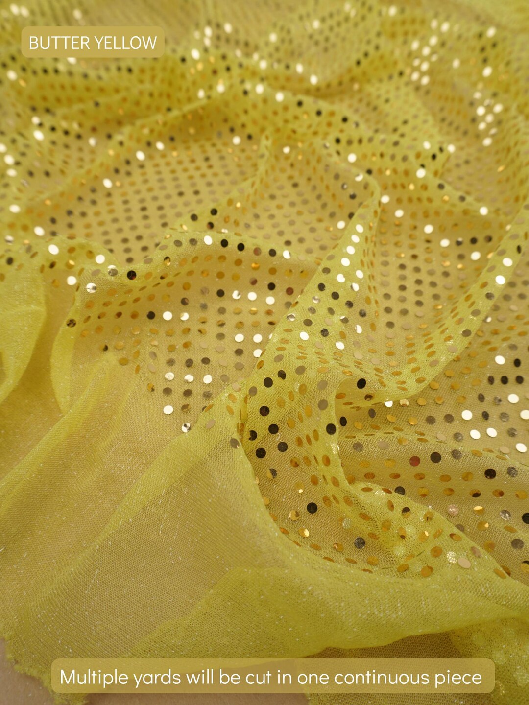 Butter Yellow 3mm confetti dot sequin fabric draped, metallic mesh sparkle fabric by the yard