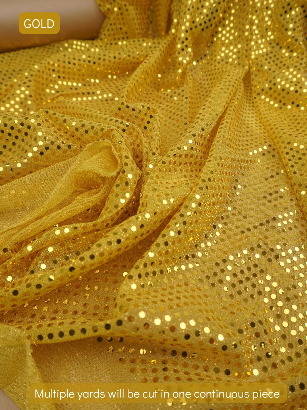 Gold 3mm confetti dot sequin fabric draped, metallic mesh sparkle fabric by the yard