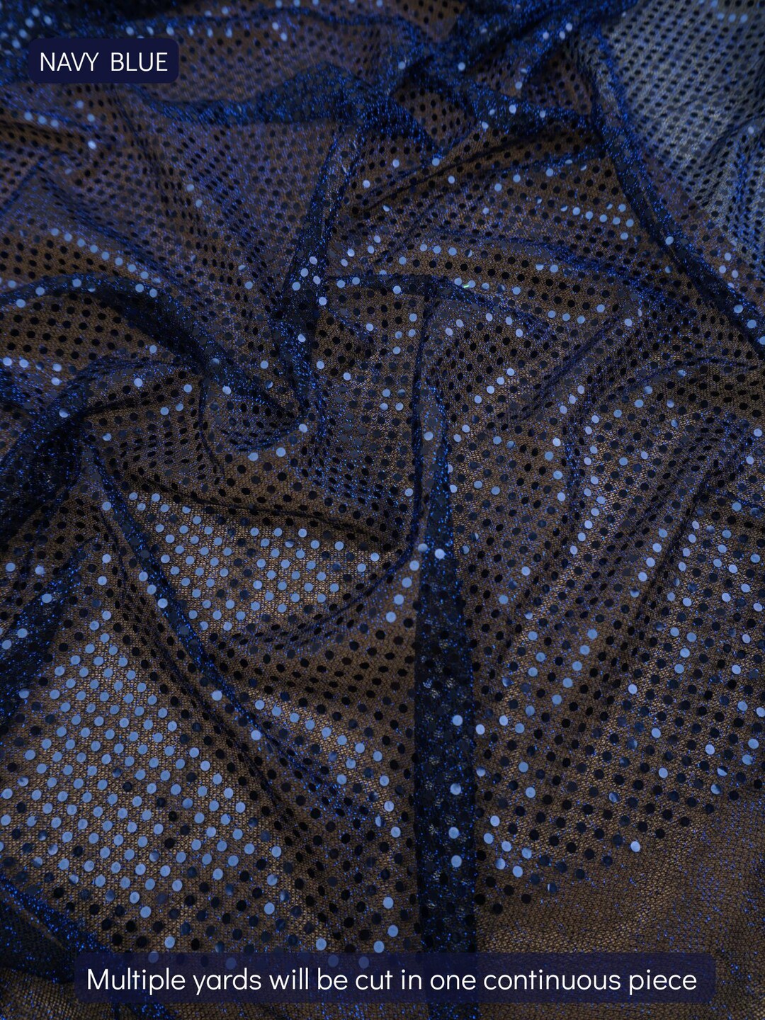 Navy Blue 3mm confetti dot sequin fabric draped, metallic mesh sparkle fabric by the yard