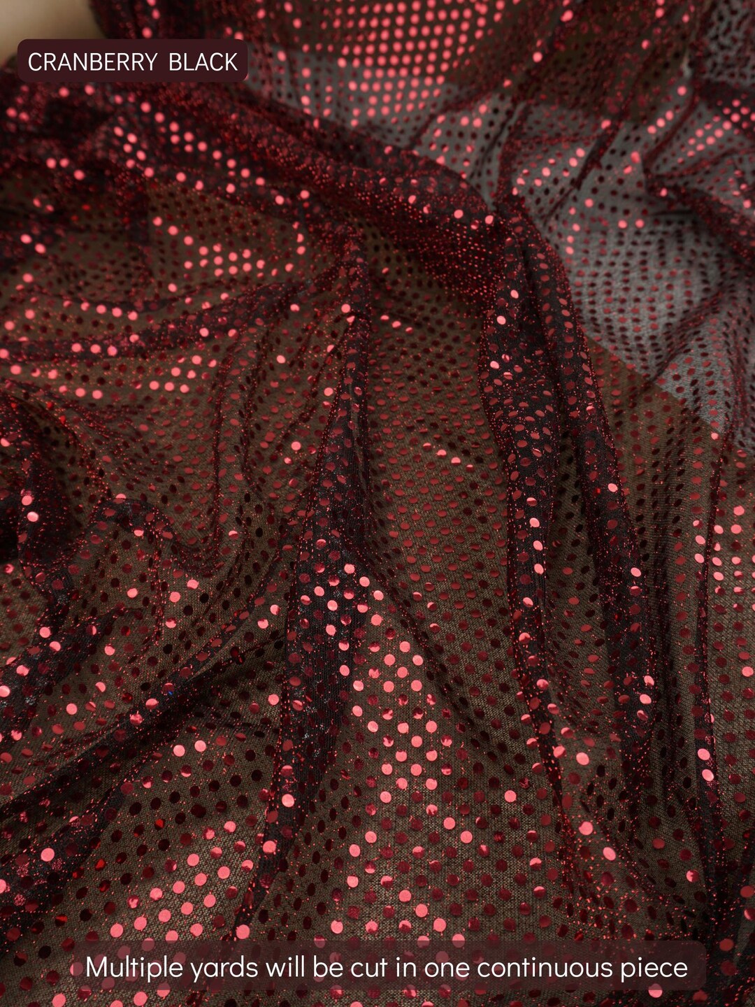 Cranberry Black 3mm confetti dot sequin fabric draped, metallic mesh sparkle fabric by the yard