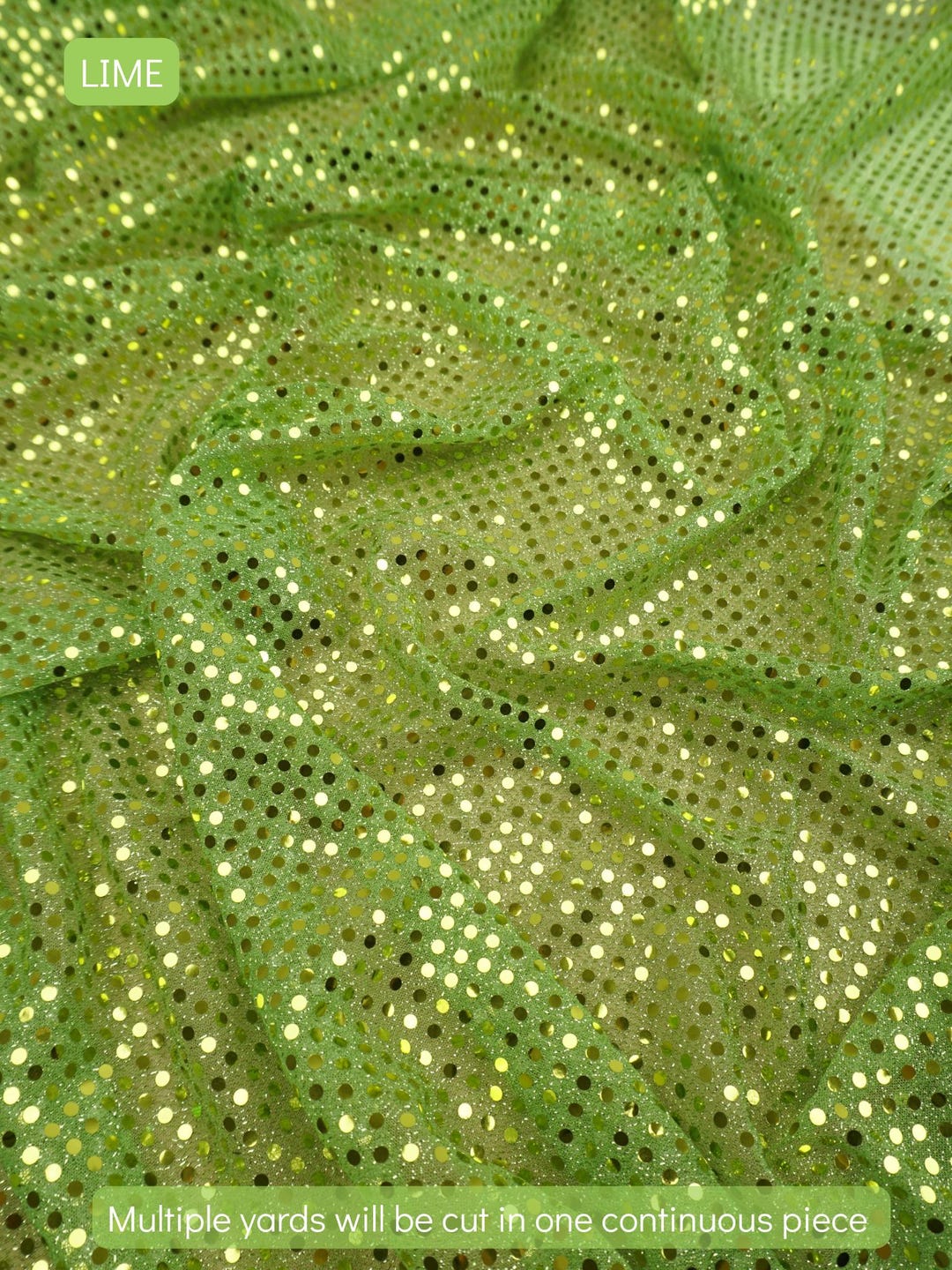 Lime 3mm confetti dot sequin fabric draped, metallic mesh sparkle fabric by the yard