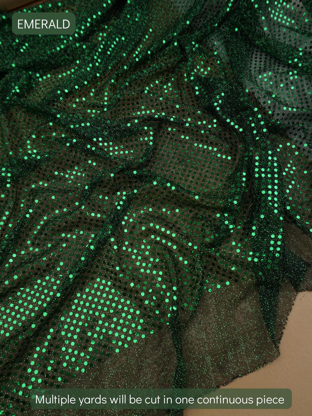 Emerald 3mm confetti dot sequin fabric draped, metallic mesh sparkle fabric by the yard