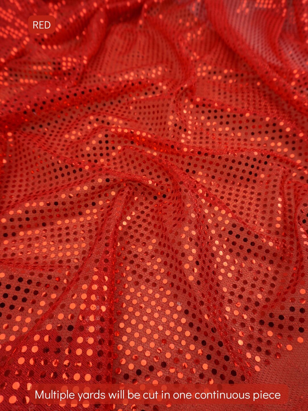 Red 3mm confetti dot sequin fabric draped, metallic mesh sparkle fabric by the yard