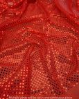Red 3mm confetti dot sequin fabric draped, metallic mesh sparkle fabric by the yard