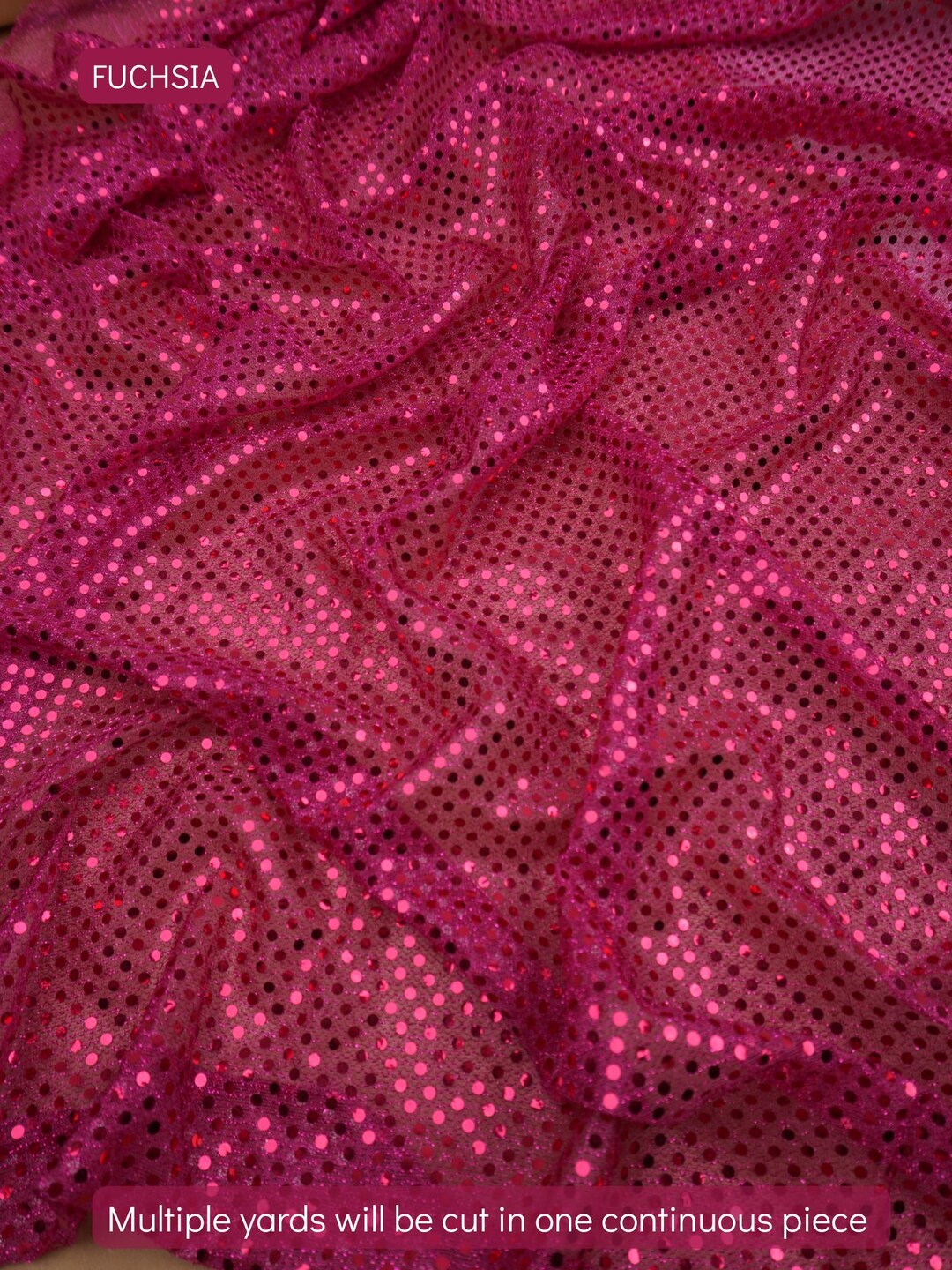 Fuchsia 3mm confetti dot sequin fabric draped, metallic mesh sparkle fabric by the yard