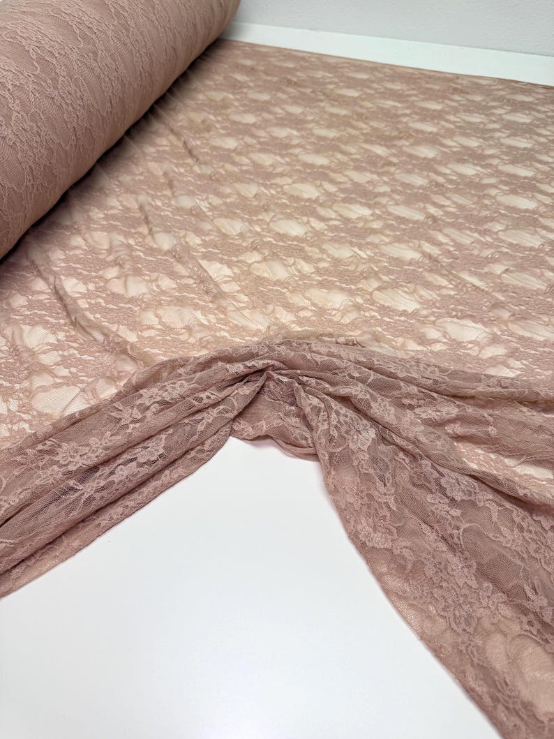 Nude Floral Stretch Lace Fabric draped showing soft slight sheen