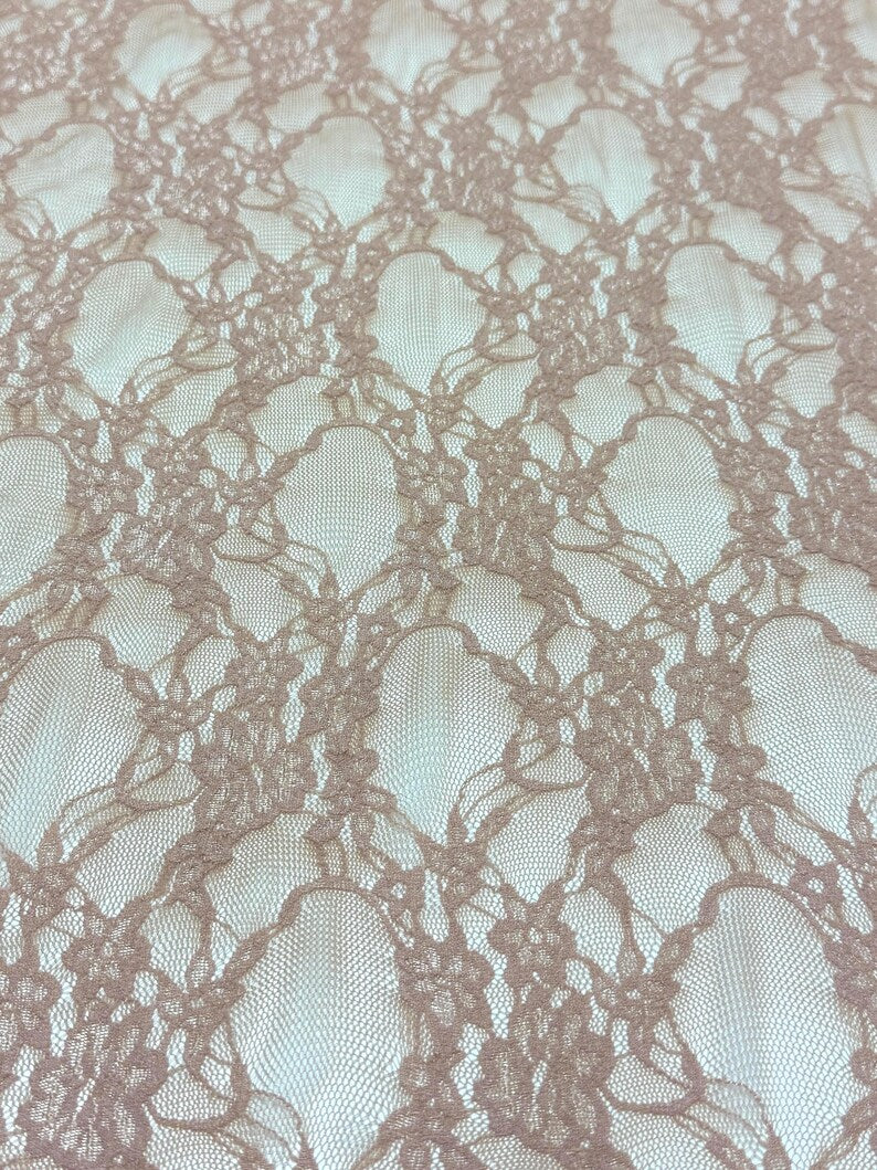 Close up Nude Floral Stretch Lace Fabric interconnected floral motifs elegant detail