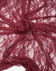 Burgundy Floral Stretch Lace Fabric draped and gathered semi-sheer vintage style