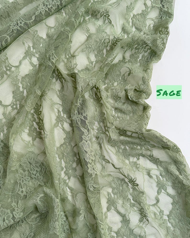 Sage Green Floral Stretch Lace Fabric with Sage label 58/60 inches wide