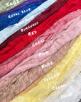 Floral Stretch Lace Fabric color range including red burgundy sage royal blue baby blue