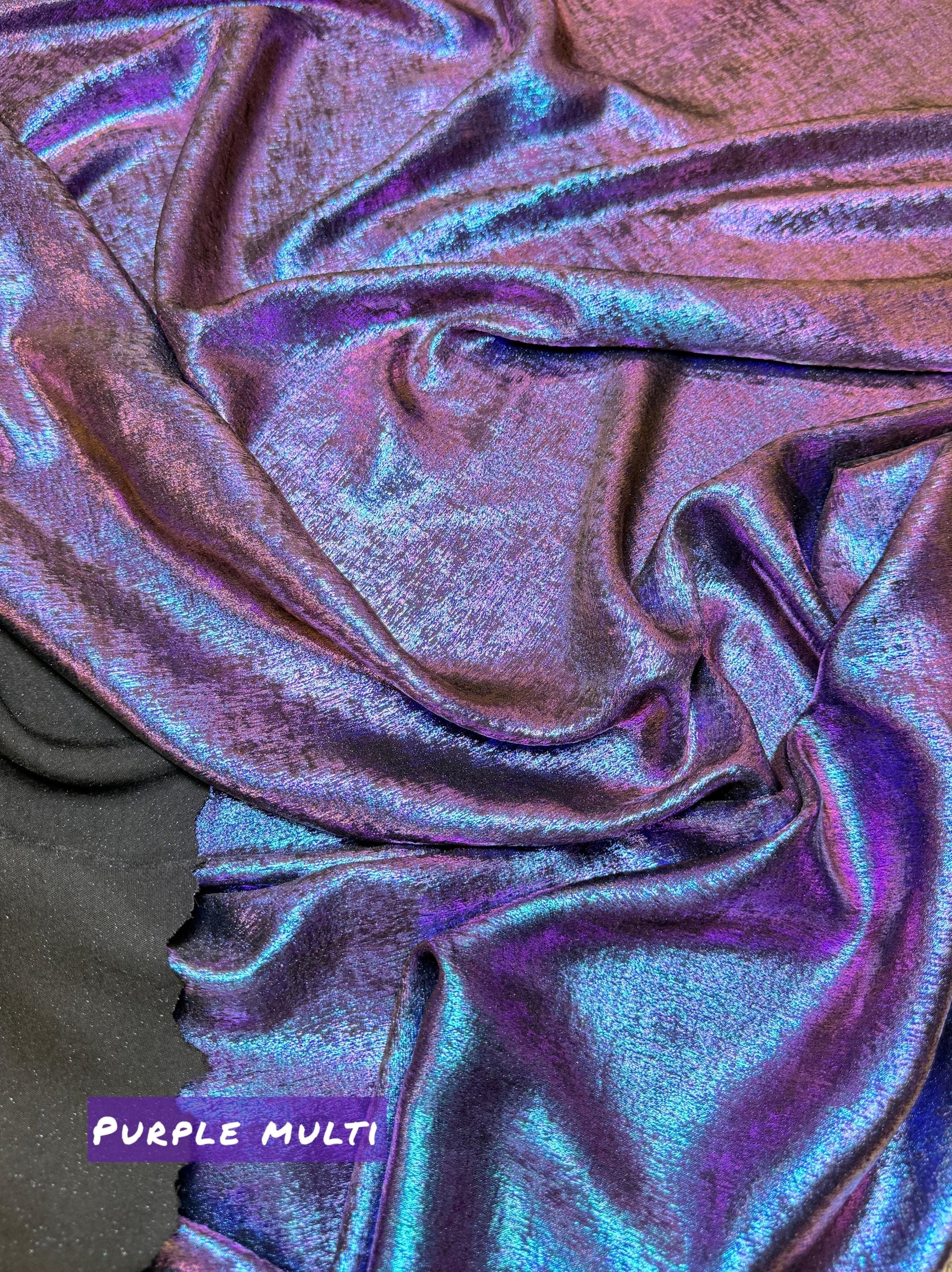 Iridescent Galaxy Foil Fabric by Yard, Purple Green Metallic Material Hologram for Kimonos, Kids, Dresses, Gowns, Costumes Crafts 115GSM