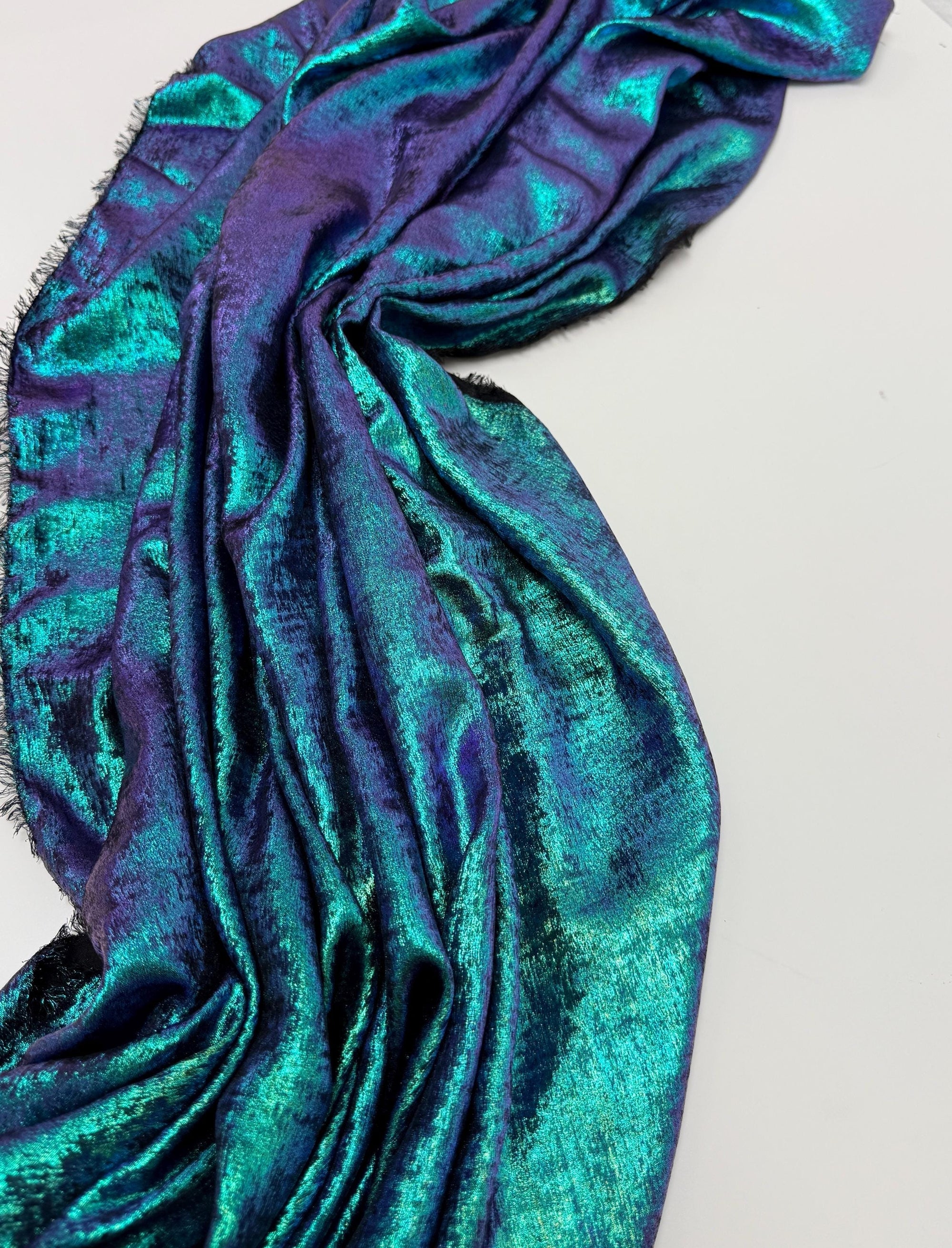 Iridescent Galaxy Foil Fabric by Yard, Teal and Purple Metallic Material Hologram for Kimonos, Kids, Dresses, Gowns, Costumes Crafts 115GSM
