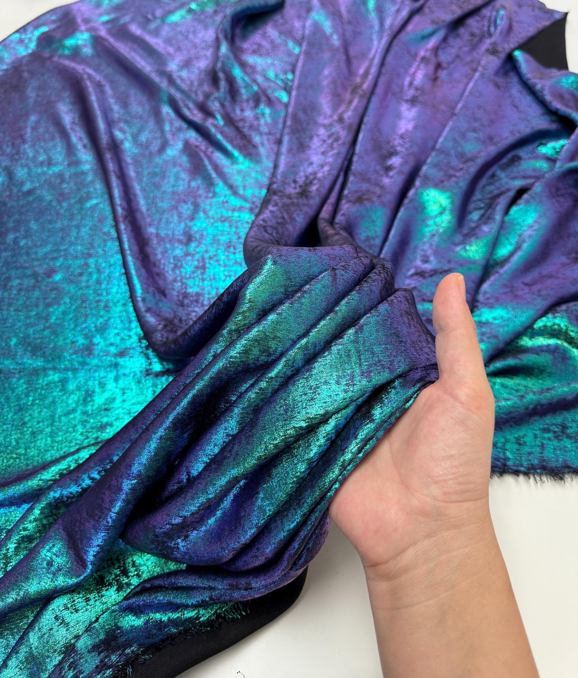 Iridescent Galaxy Foil Fabric by Yard, Teal and Purple Metallic Material Hologram for Kimonos, Kids, Dresses, Gowns, Costumes Crafts 115GSM