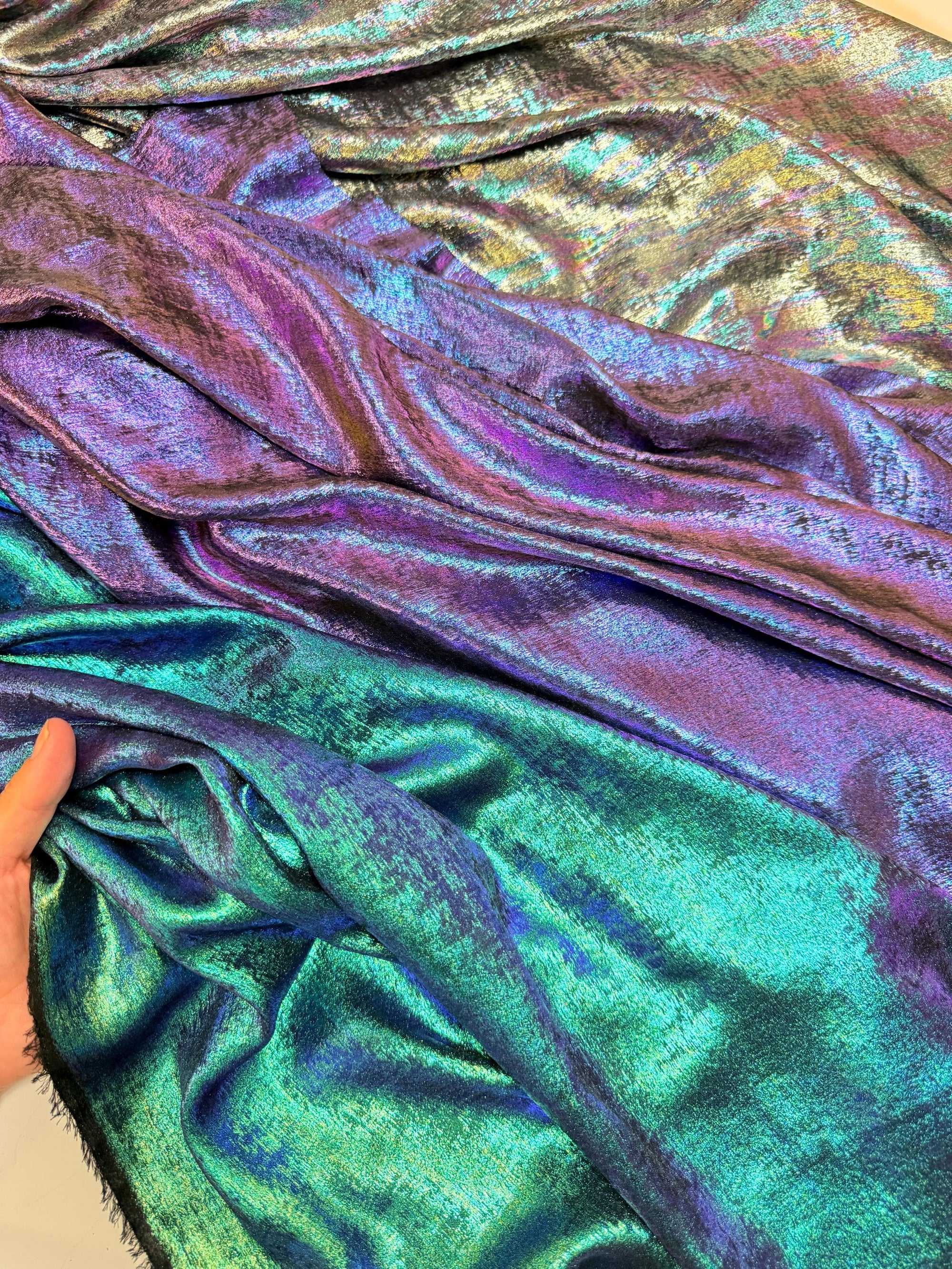 Iridescent Galaxy Foil Fabric by Yard, Teal and Purple Metallic Material Hologram for Kimonos, Kids, Dresses, Gowns, Costumes Crafts 115GSM