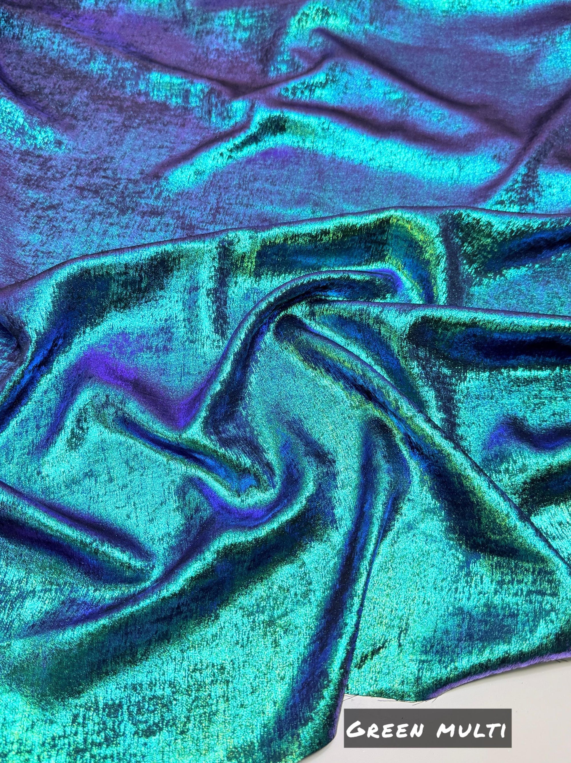 Iridescent Galaxy Foil Fabric by Yard, Purple Green Metallic Material Hologram for Kimonos, Kids, Dresses, Gowns, Costumes Crafts 115GSM