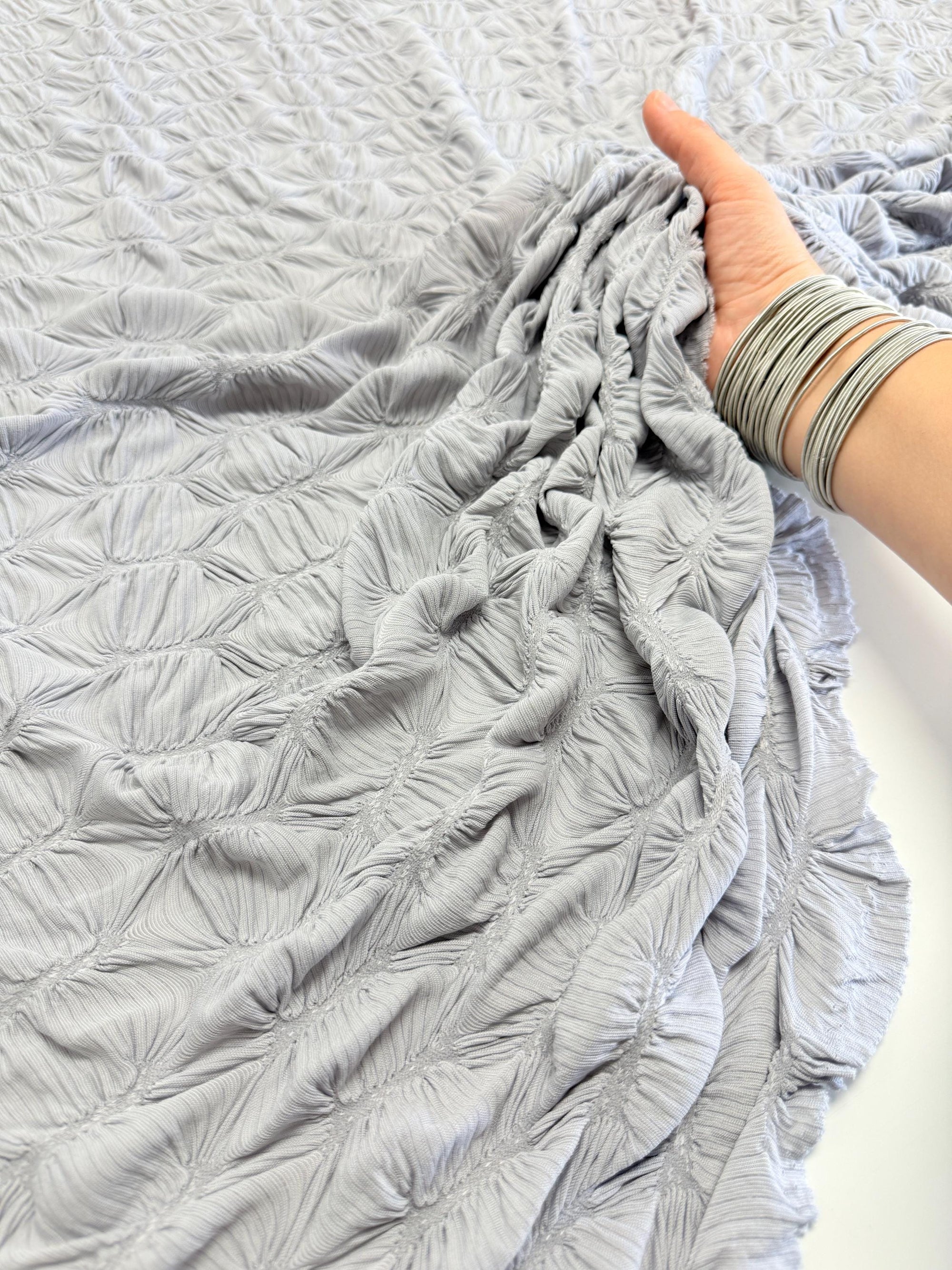 Silver Textured Diamond Jacquard Fabric by Yard, 3D Gray Ruched 4 Way Stretch Spandex for Prom Dresses, Leggings, Scrunchies, DIY 260 GSM