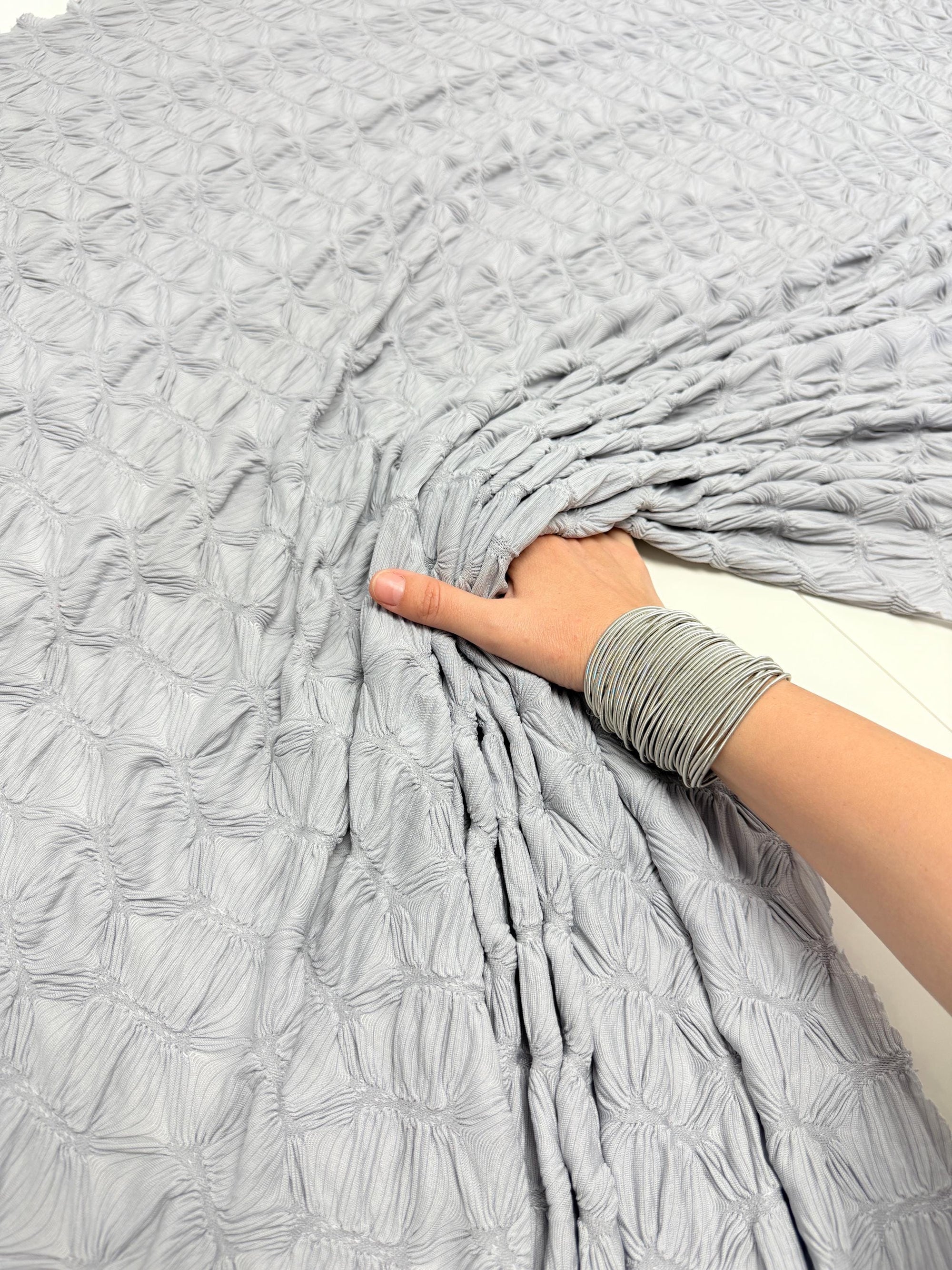 Silver Textured Diamond Jacquard Fabric by Yard, 3D Gray Ruched 4 Way Stretch Spandex for Prom Dresses, Leggings, Scrunchies, DIY 260 GSM