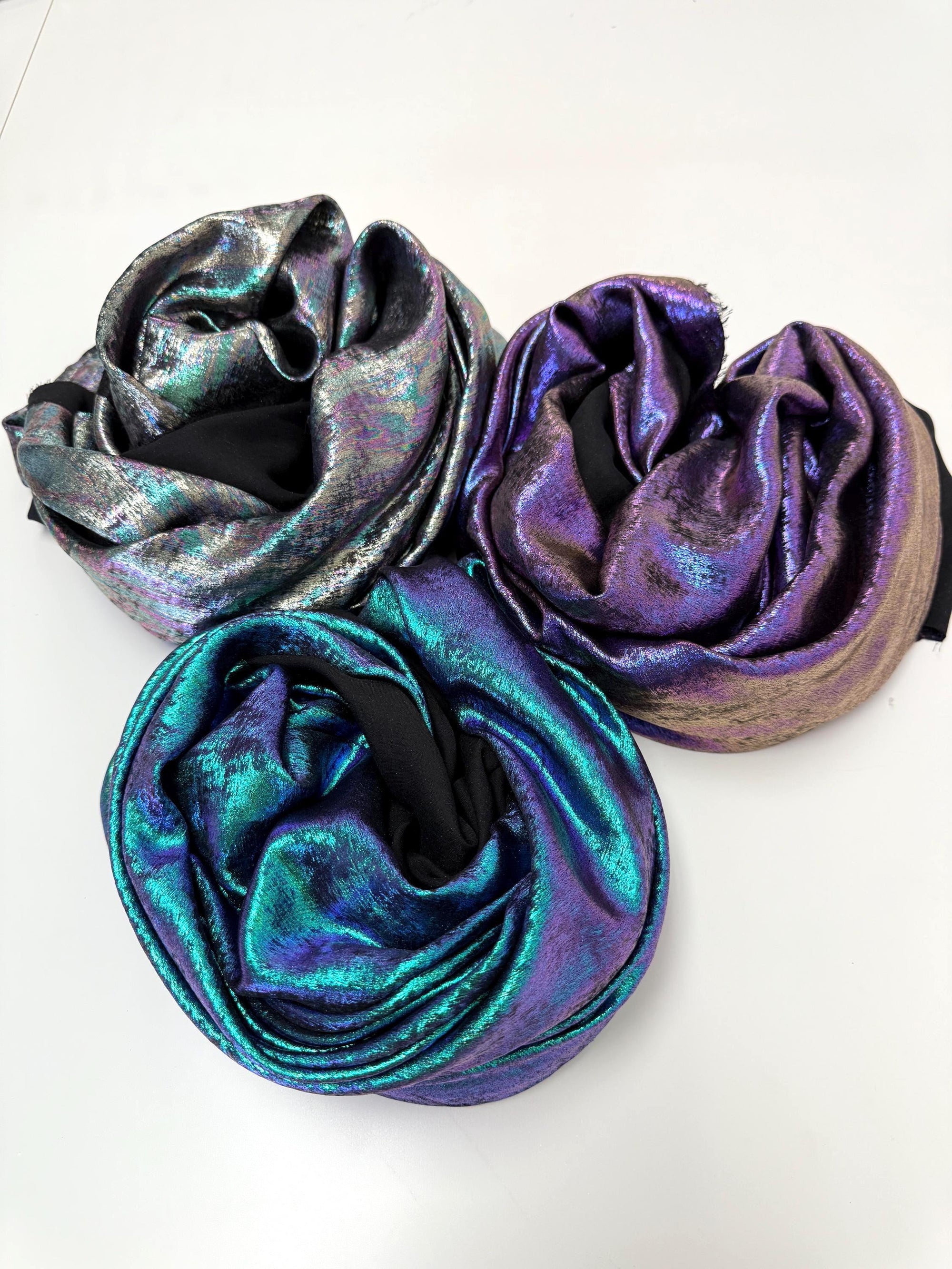 Iridescent Galaxy Foil Fabric by Yard, Purple Green Metallic Material Hologram for Kimonos, Kids, Dresses, Gowns, Costumes Crafts 115GSM