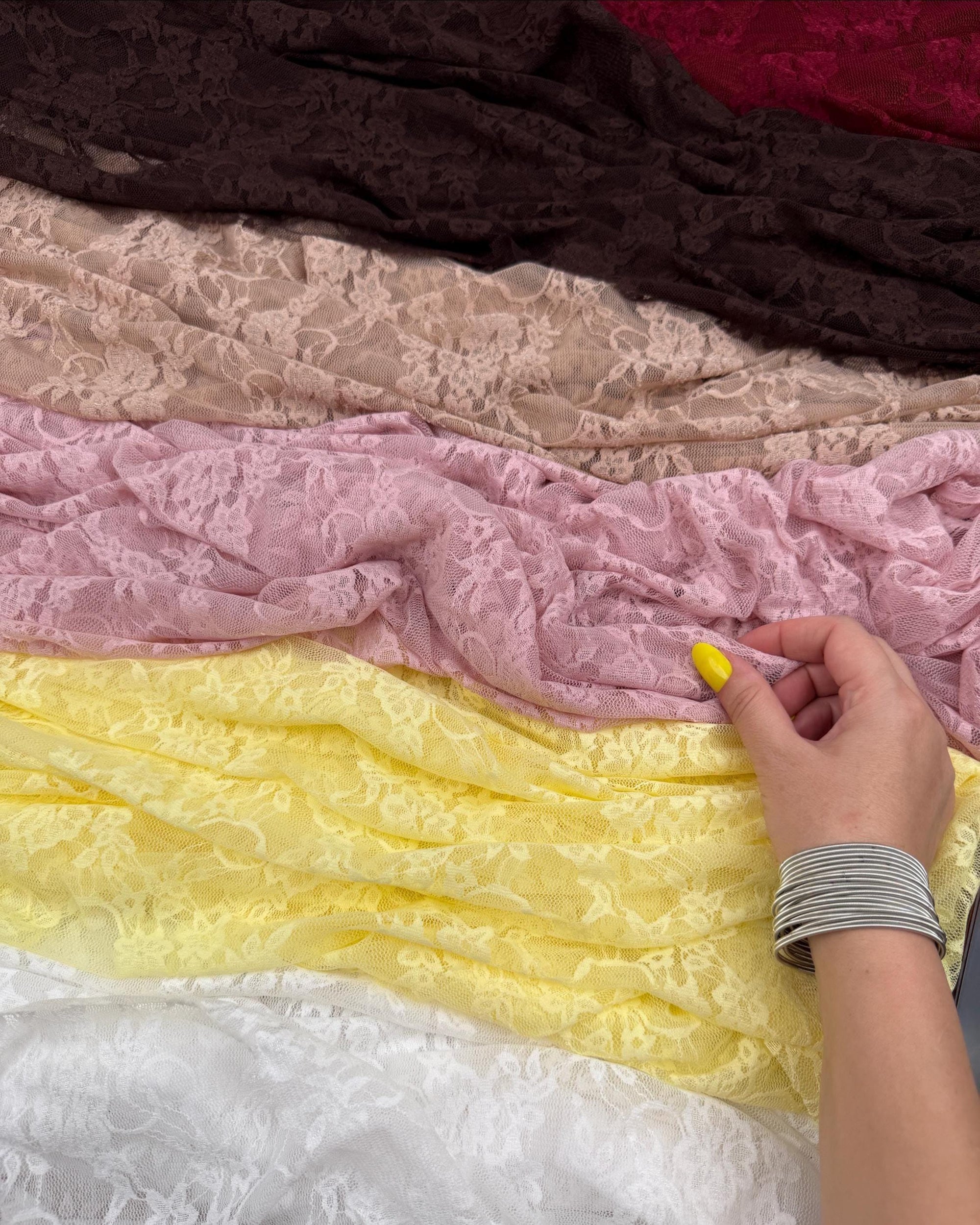 Vintage Floral Stretch Lace Fabrics In Multiple Colors Including Pink, White, Black, Yellow, And Burgundy By GalaTextile For Lingerie And Bridal Projects.