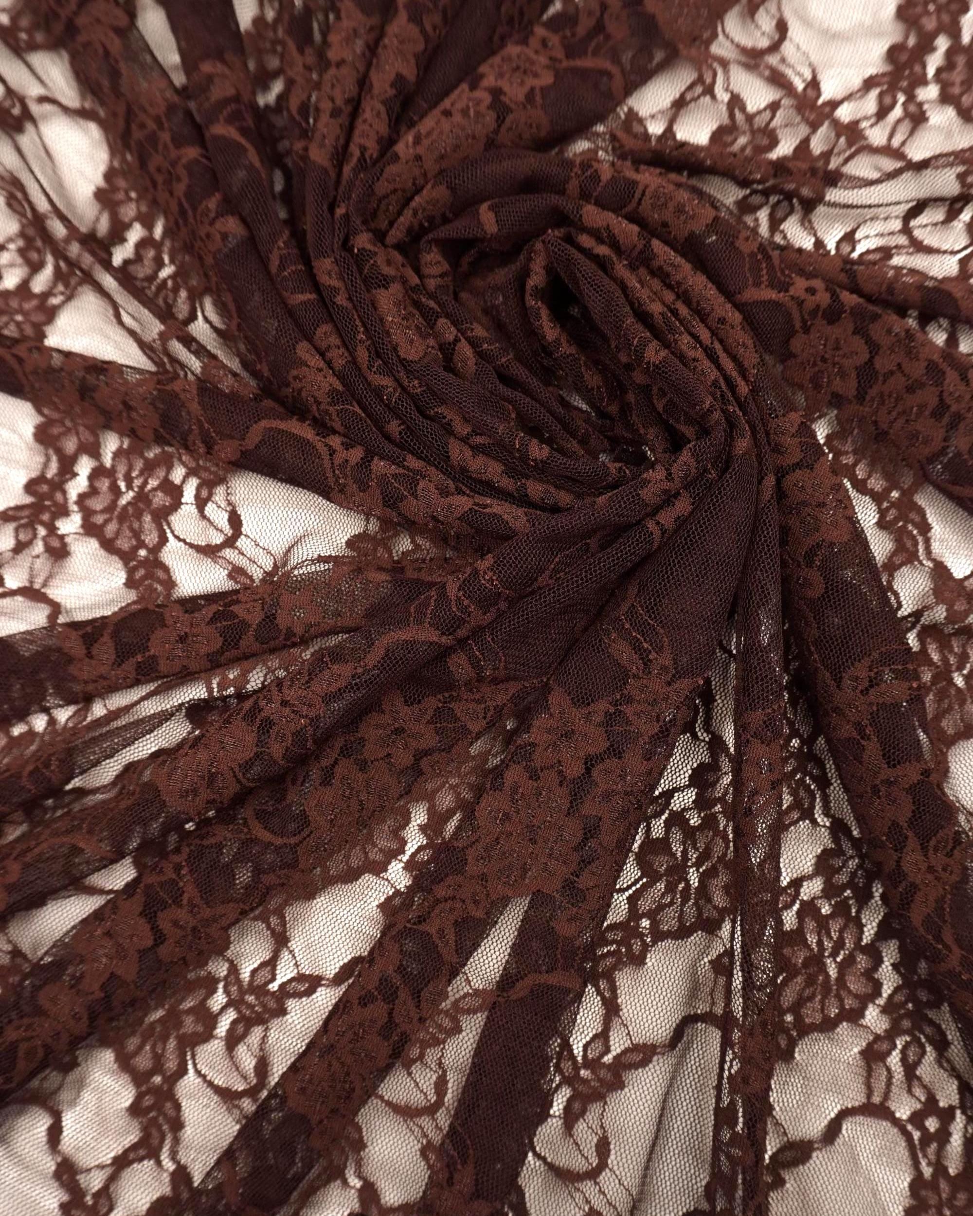 Brown Floral Lace Fabric by the Yard, Vintage Stretch Lace for Lingerie, 60" Wide Nylon Spandex, 80 GSM Mesh, Bridal & Newborn Photo Lace