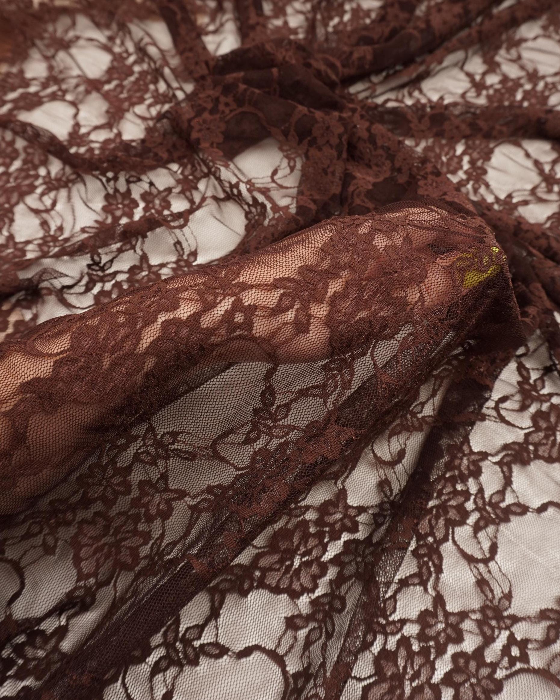 Brown Floral Lace Fabric by the Yard, Vintage Stretch Lace for Lingerie, 60" Wide Nylon Spandex, 80 GSM Mesh, Bridal & Newborn Photo Lace