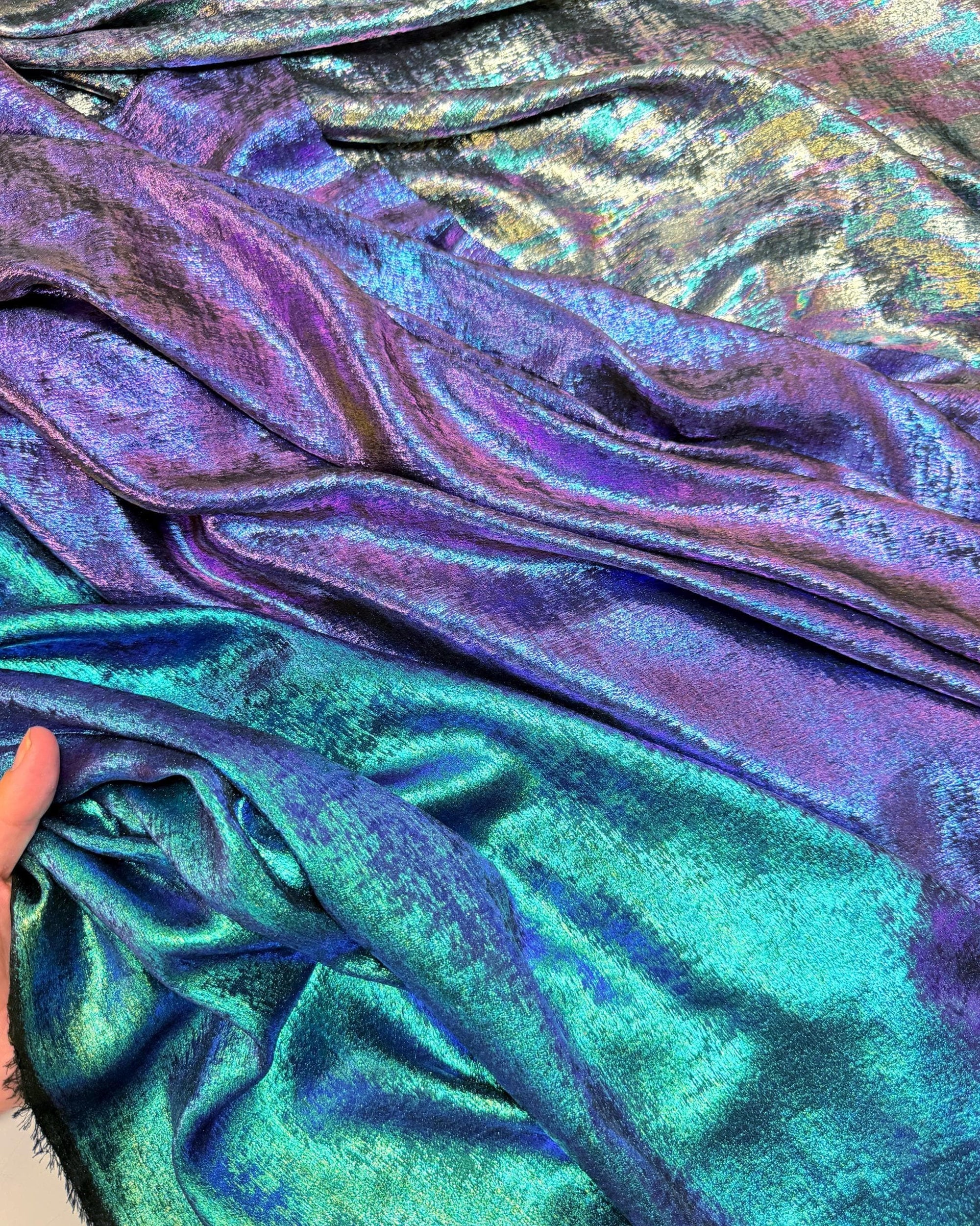 Iridescent Galaxy Foil Fabric by Yard, Purple Green Metallic Material Hologram for Kimonos, Kids, Dresses, Gowns, Costumes Crafts 115GSM