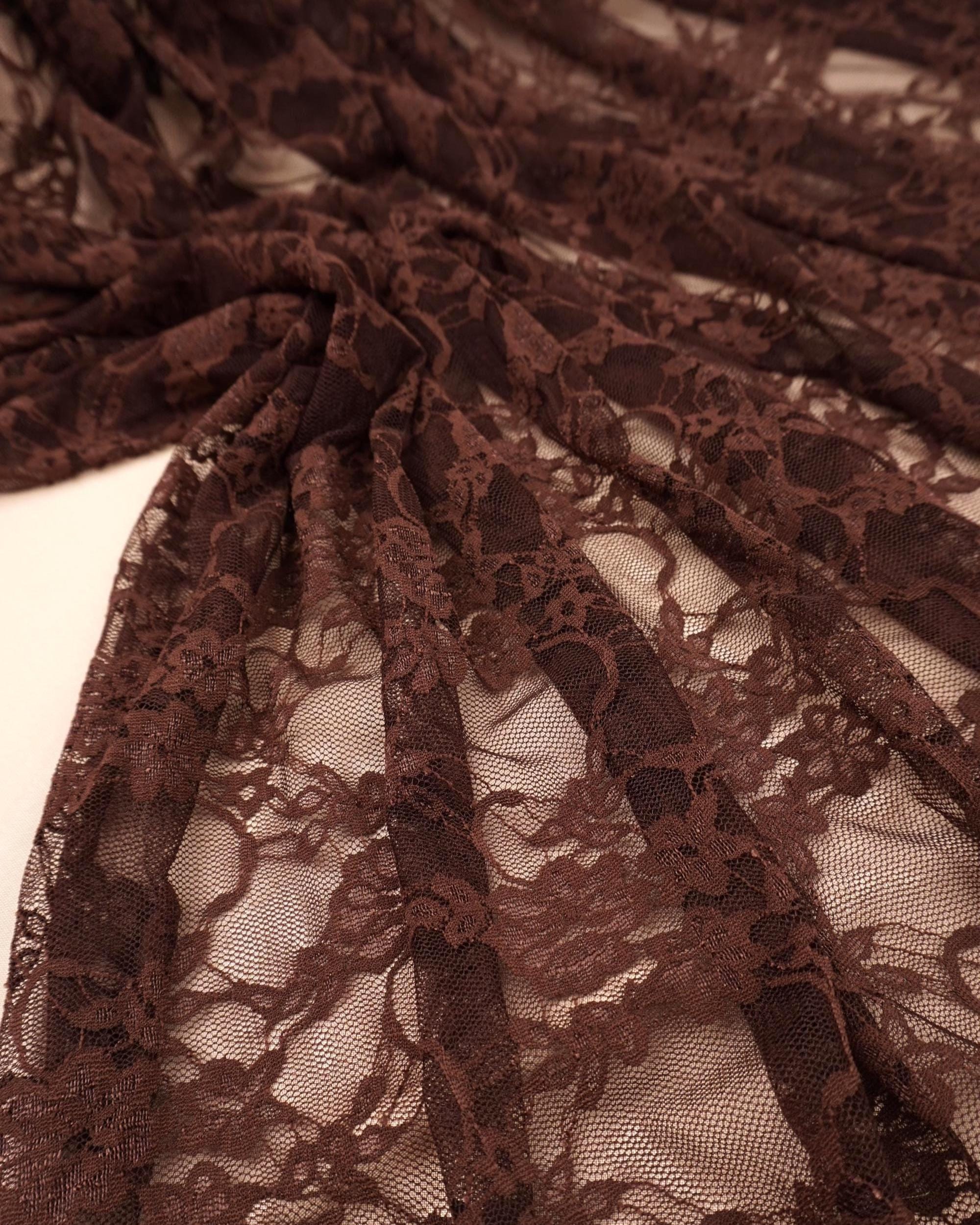 Brown Floral Lace Fabric by the Yard, Vintage Stretch Lace for Lingerie, 60" Wide Nylon Spandex, 80 GSM Mesh, Bridal & Newborn Photo Lace