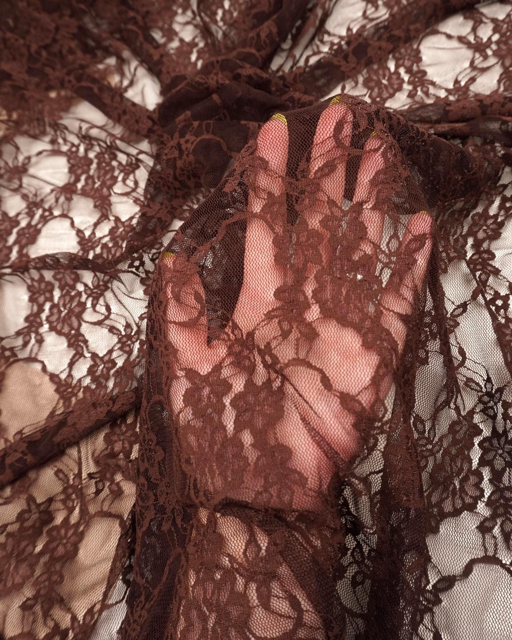 Brown Floral Lace Fabric by the Yard, Vintage Stretch Lace for Lingerie, 60" Wide Nylon Spandex, 80 GSM Mesh, Bridal & Newborn Photo Lace