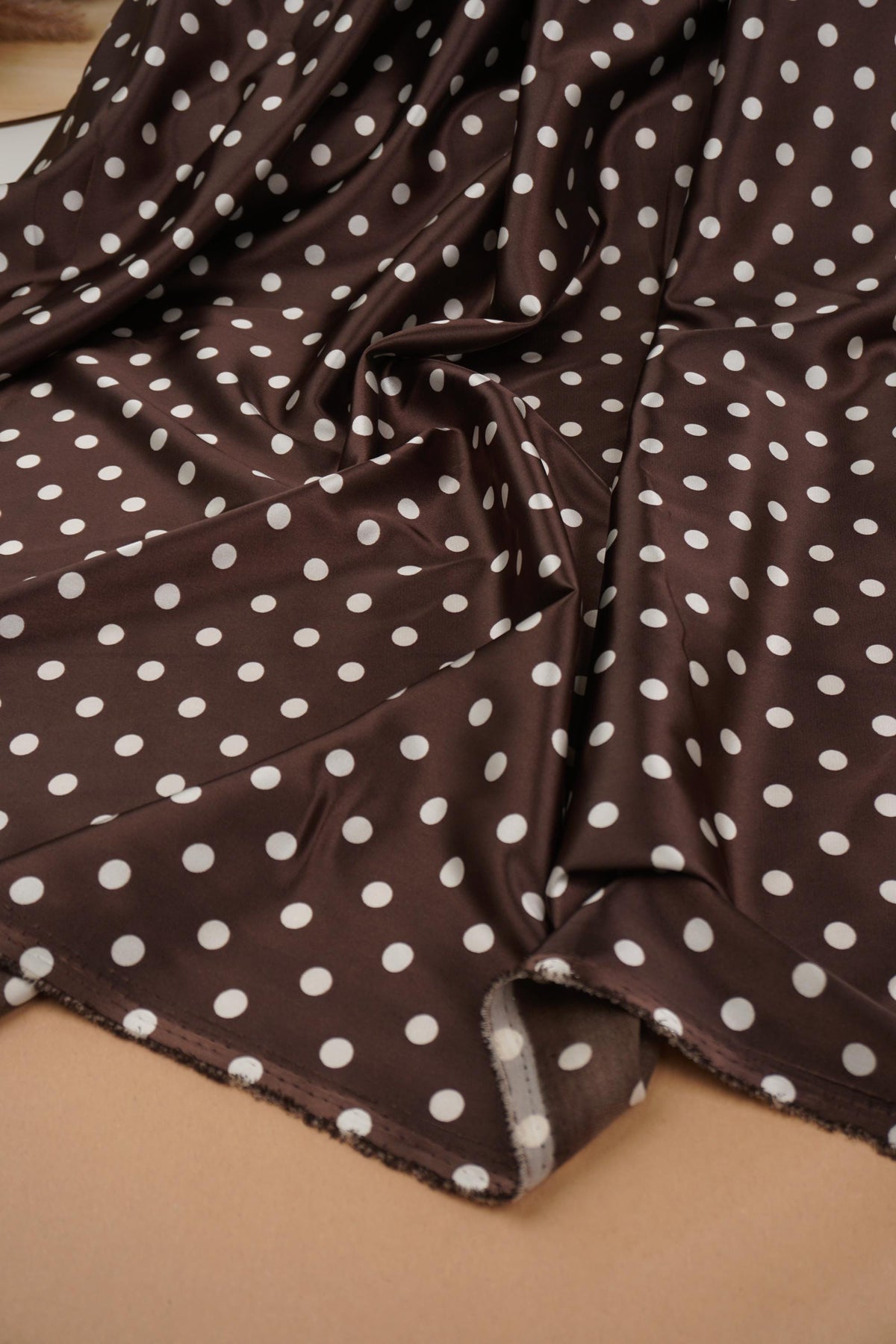 Chocolate brown polka dot satin folds