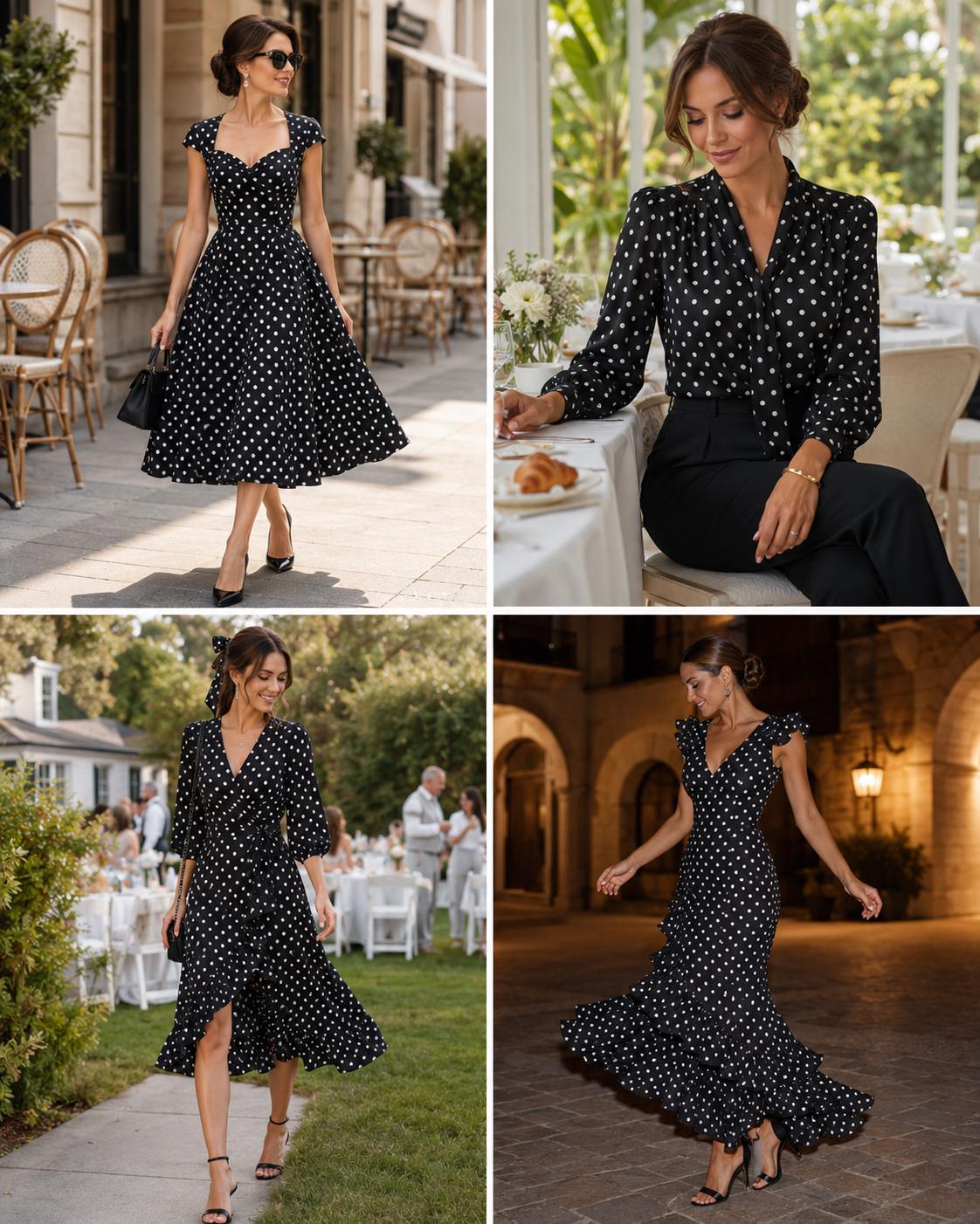 Dress and blouse ideas sewn in black and white polka dot satin