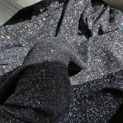 Luxurious 4 Way Stretch Black Lurex Glitter Fabric, Shimmer Sparkle by Yard for Gown, Backdrop, Drapes Black Glitter Party Dress Material - from Gala Textile