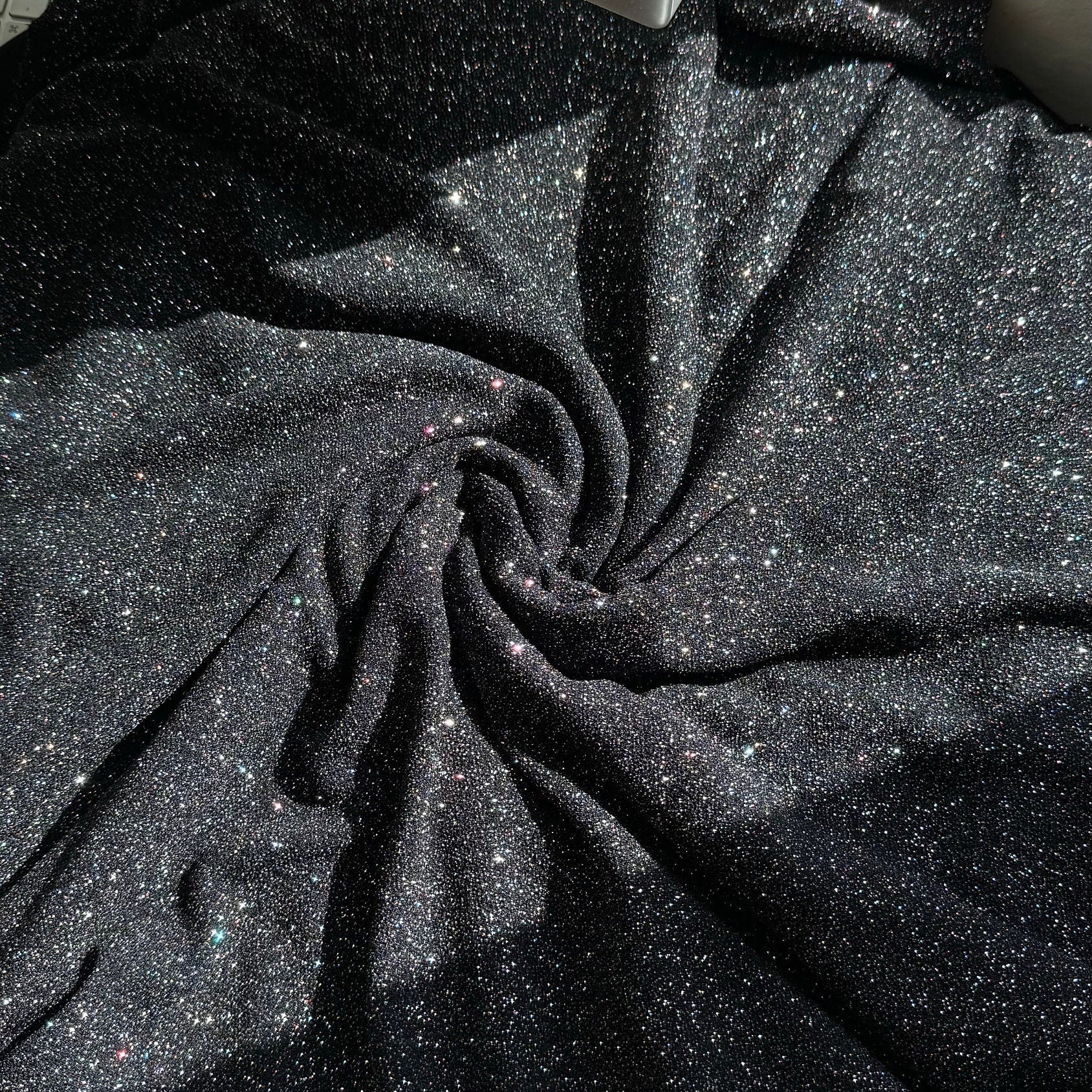 Luxurious 4 Way Stretch Black Lurex Glitter Fabric, Shimmer Sparkle by Yard for Gown, Backdrop, Drapes Black Glitter Party Dress Material - from Gala Textile