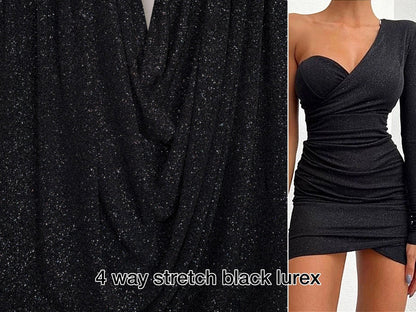 Luxurious 4 Way Stretch Black Lurex Glitter Fabric, Shimmer Sparkle by Yard for Gown, Backdrop, Drapes Black Glitter Party Dress Material - from Gala Textile