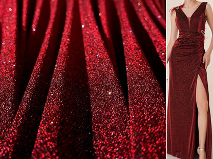 Luxurious 4 Way Stretch Burgundy Lurex Spandex Glitter Fabric, Shimmer Sparkle by Yard for Gown Backdrop Dance Wear Red Party Dress Material - from Gala Textile