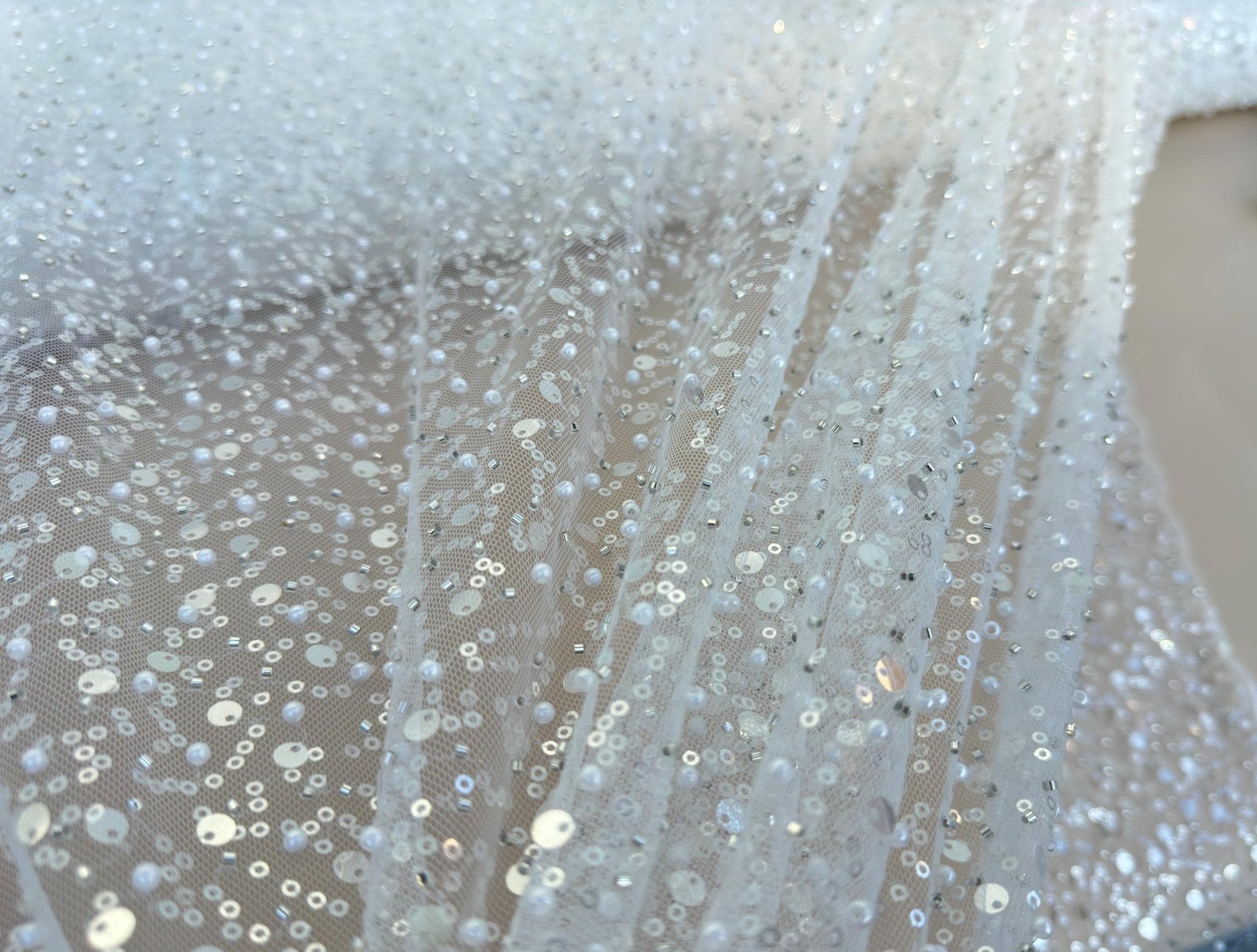 Luxury White Bridal Lace with Pearls & Sequins by Yard | Perfect for Gowns Gala Textile Luxury White Bridal Lace with Pearls & Sequins by Yard | Perfect for Gowns Gala Textile