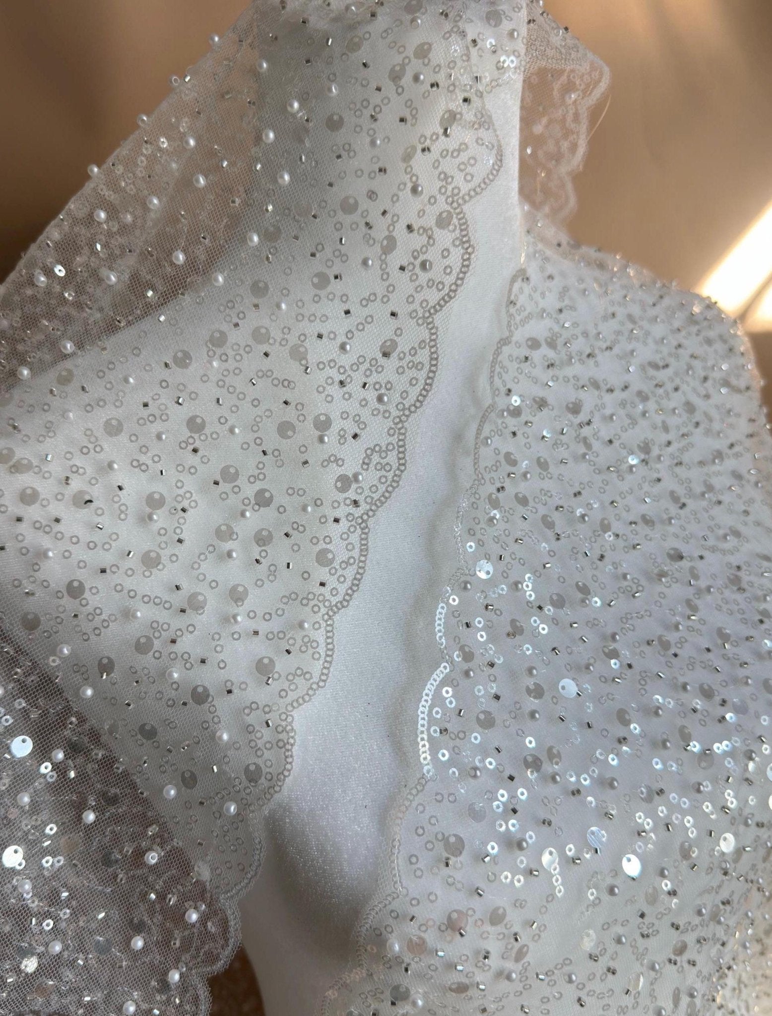 Luxury White Bridal Lace with Pearls & Sequins by Yard | Perfect for Gowns Gala Textile Luxury White Bridal Lace with Pearls & Sequins by Yard | Perfect for Gowns Gala Textile