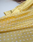 Yellow Polka Dot Satin Dress Fabric – Small White Dots, Light Stretch, 58" Wide