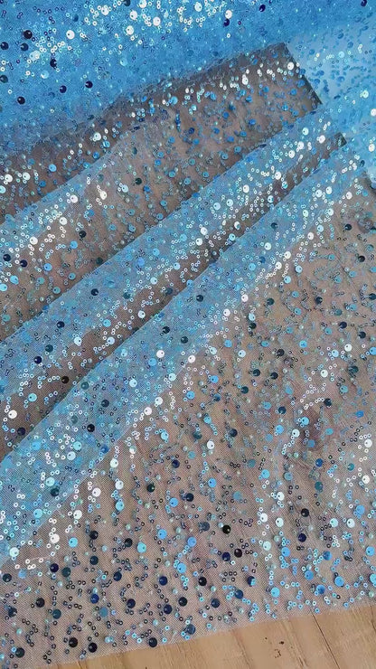 Sky Blue Beaded Lace Fabric with Pearls and Sequins by Yard, Luxury Shimmer Fabric for High-End Bridal, Gowns, Evening Wear Lace, Backdrops