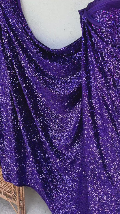 Violet Sequins on Stretch Velvet Fabric, Luxury Violet Sequined Fabric by the yard for Dresses Gowns, Bows, Dance Wear, 2 Way Stretch Velvet