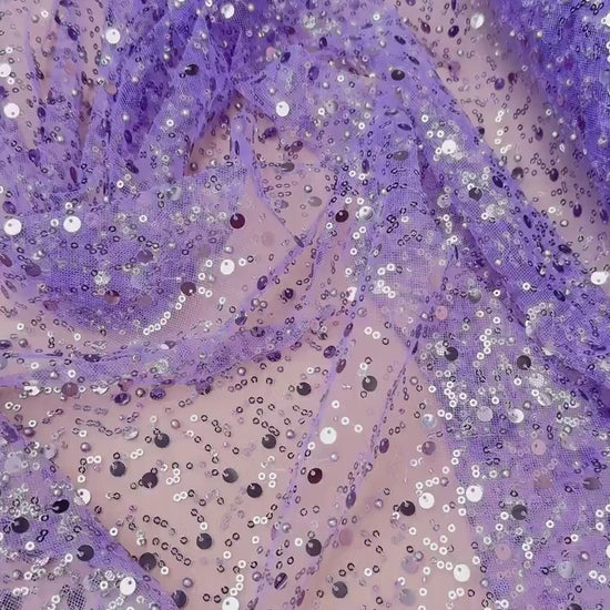 Purple Beaded Lace Fabric by Yard | Embroidered with Pearls & Sequins Mesh | Sequin on Sheer Mesh Bridal Dresses, Gowns, Veils, Table Decor