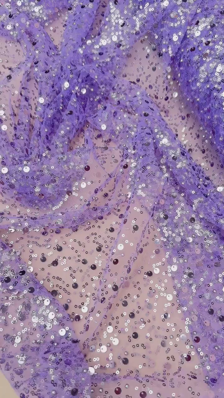 Purple Beaded Lace Fabric by Yard | Embroidered with Pearls & Sequins Mesh | Sequin on Sheer Mesh Bridal Dresses, Gowns, Veils, Table Decor