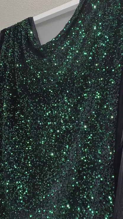 Hunter Green Sequins on Black Stretch Velvet Fabric, Green Sequin Fabric by yard for Dresses Gowns, Bows, Premium Quality Lowest Price