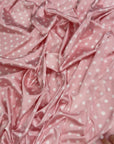 Dusty Pink Polka Dot Satin Dress Fabric – Small White Dots, Light Stretch, 58" Wide