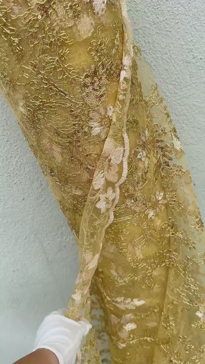 Gold Mesh Lace Fabric Embroidery Corded Lace Sequined Fabric by yard Non Stretch, Yellow Floral Lace for Girls Dresses, Bows, Wedding Dress,