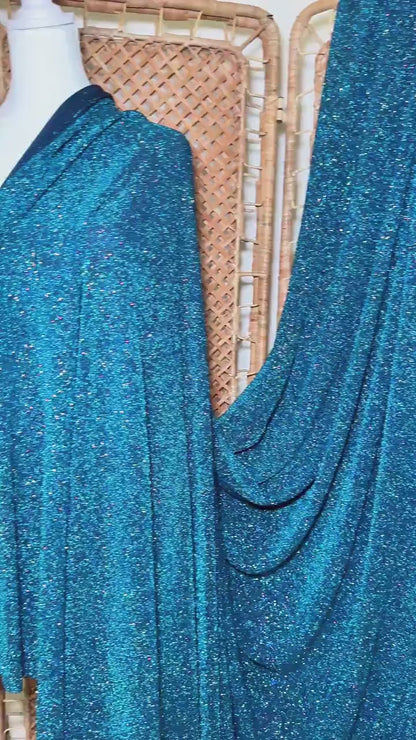 Turquoise 4 Way Stretch Lurex Fabric by The Yard Knit Spandex Shimmery Multi Color Blue Glitter Knit For Dressmaking Gown Backdrop Drapes